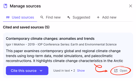 Cited source list showing an article on sleep deprivation in ICU with options to cite or open the source.